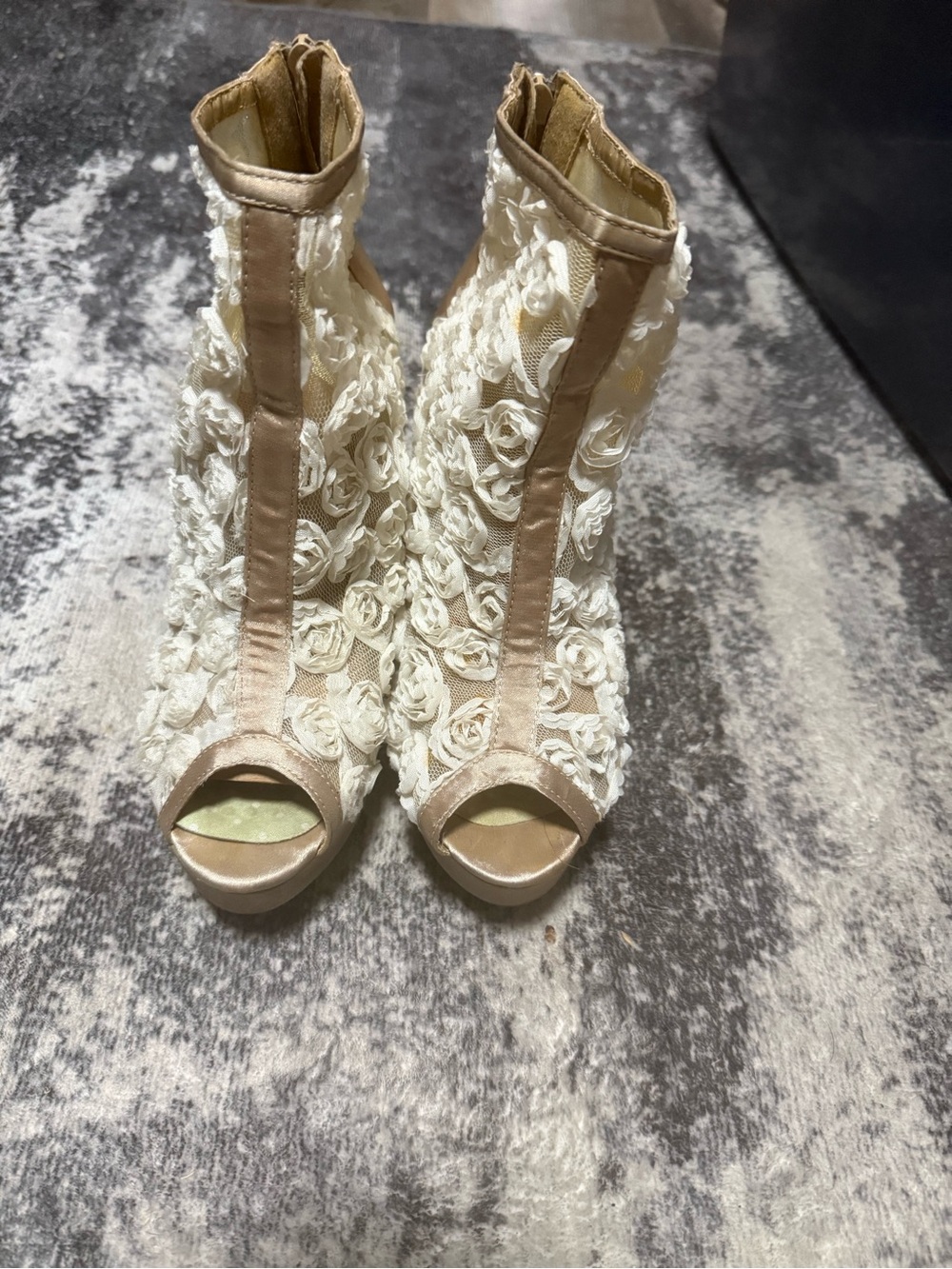 Liliana Cream Floral Lace Peep-Toe Ankle Booties with Nude Trim
